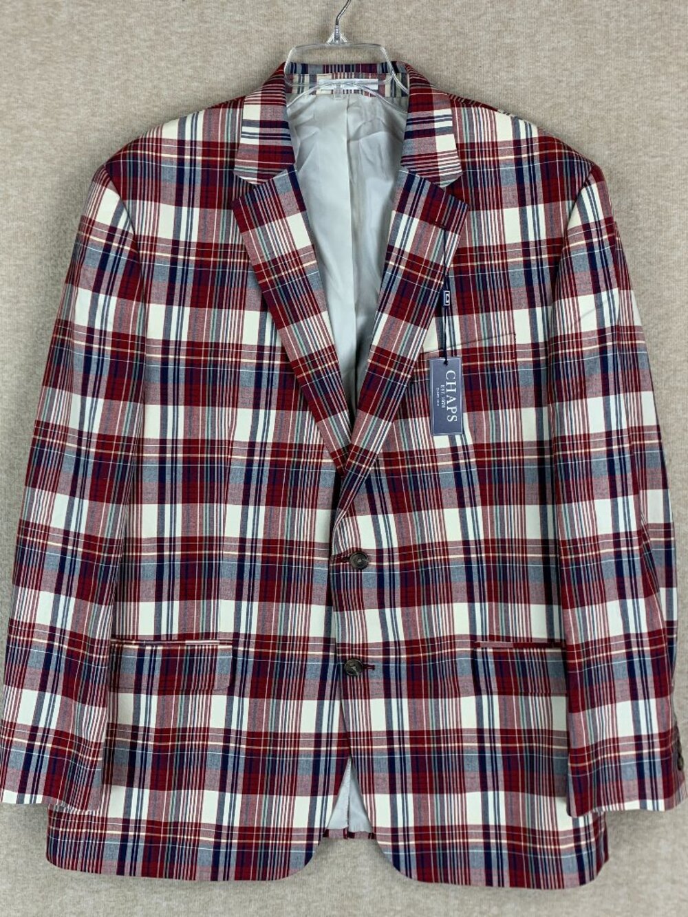 Chaps Madras Blazer Men's 46R Red Blue Plaid Blue Cotton Sport Coat Prep Academi